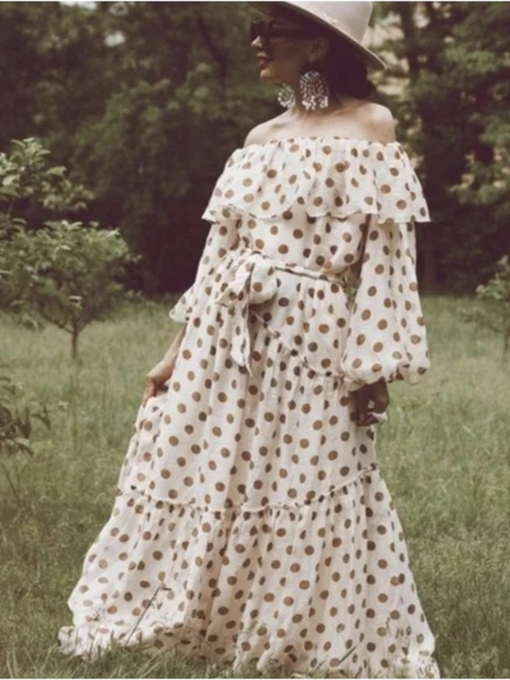 Off-Shoulder Cream Polka Dot Maxi Dress With Ruffles and Belt by Mango Size M